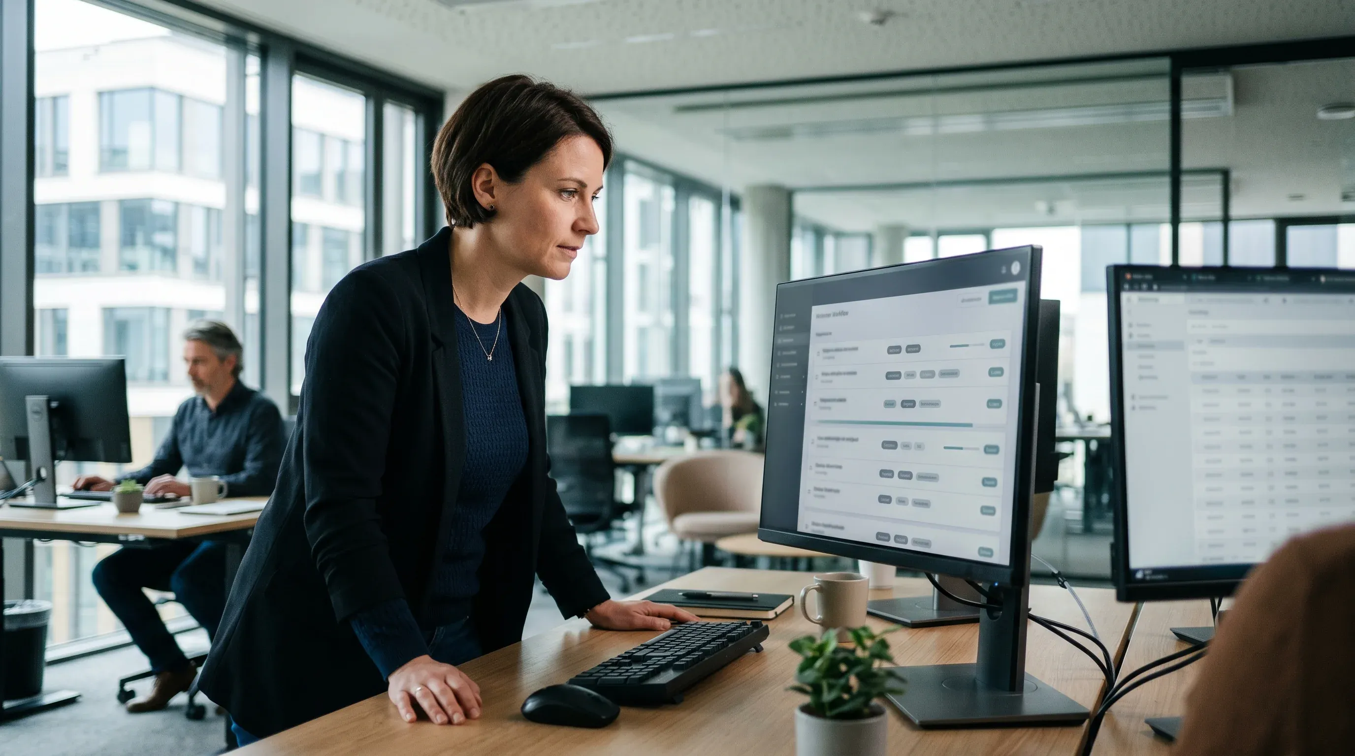 Dirigeante d'une PME luxembourgeoise et son collaborateur examinant un agent IA d'automatisation sur un écran dans un bureau moderne de la Cloche d'Or, traitement de documents en cours sur le dashboard.