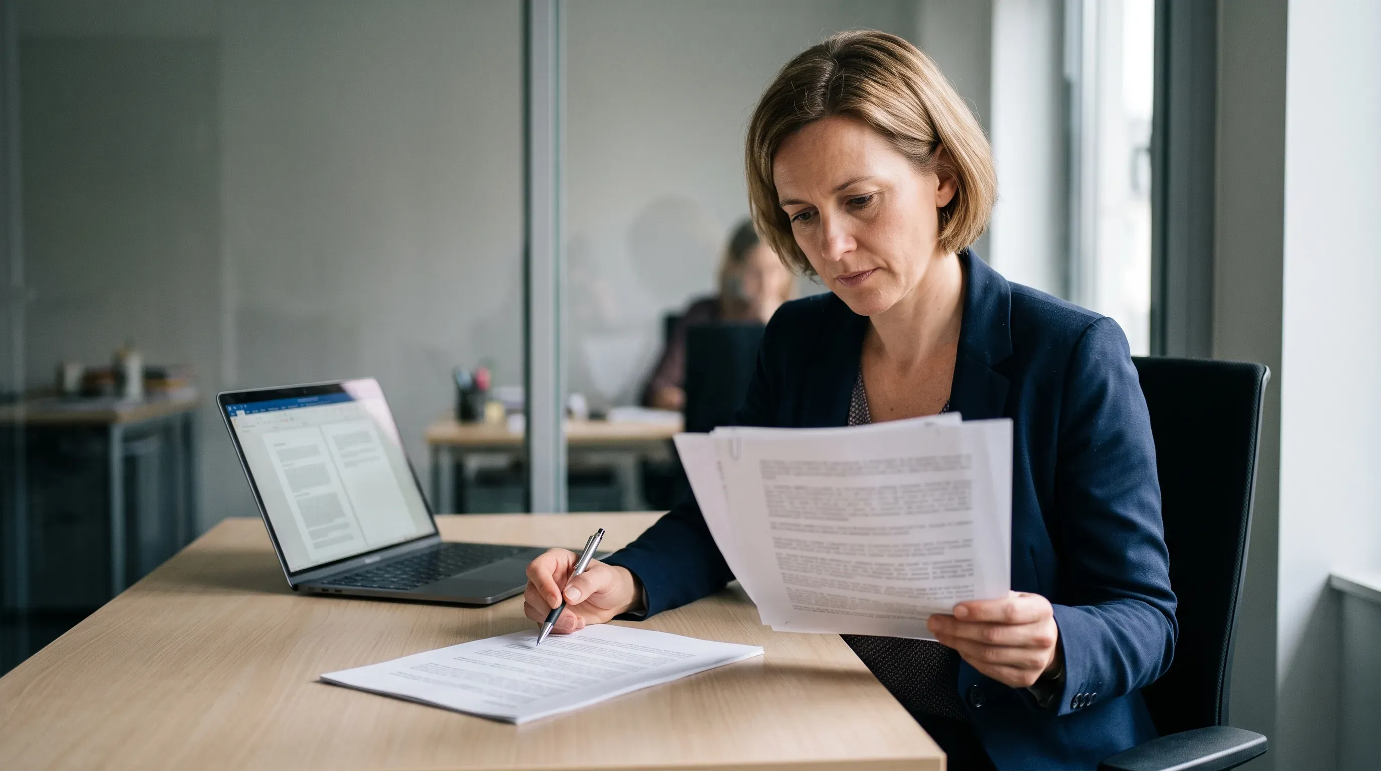 Dirigeante d'une PME luxembourgeoise relit un contrat confidentiel traduit par l'assistant IA privé de son entreprise