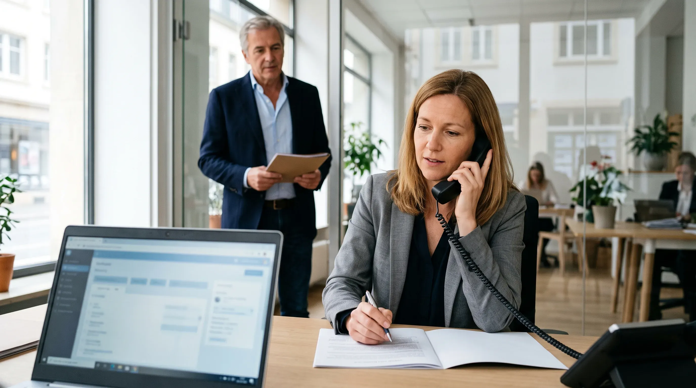 Conseillère d'une PME luxembourgeoise au téléphone avec un client, dossier en main, l'agent IA privé en second plan